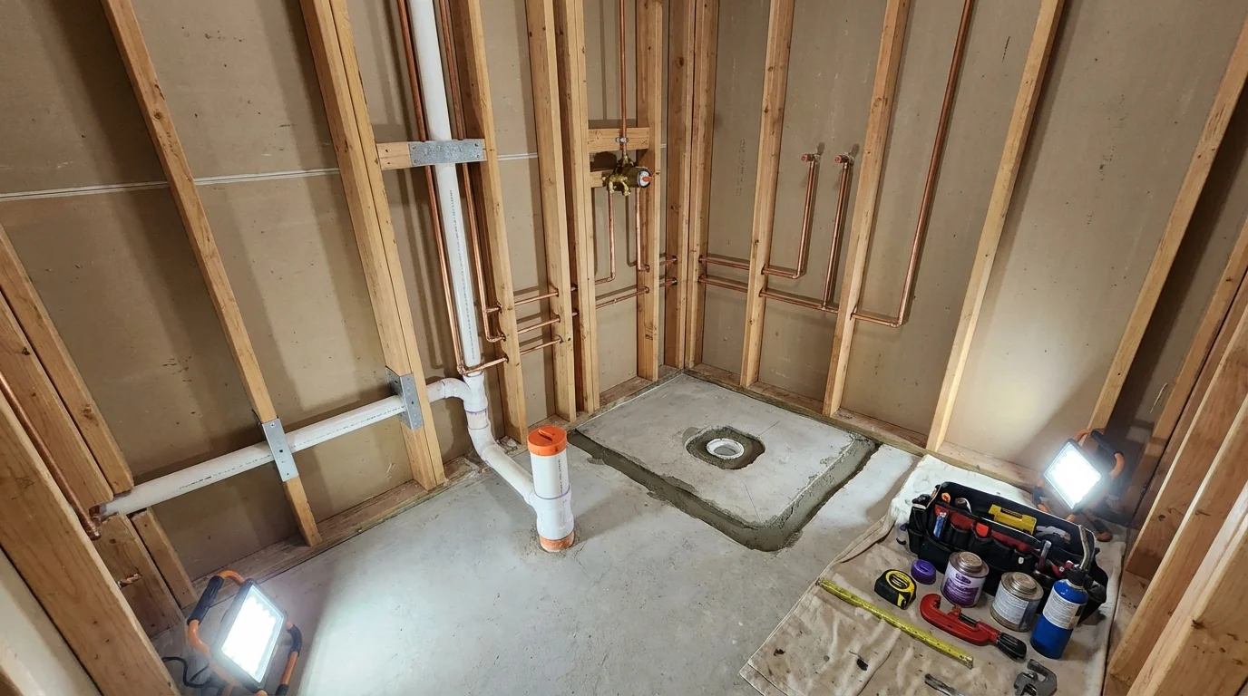 Bathroom rough-in plumbing during remodel by Johns Plumbing LLC in East Troy