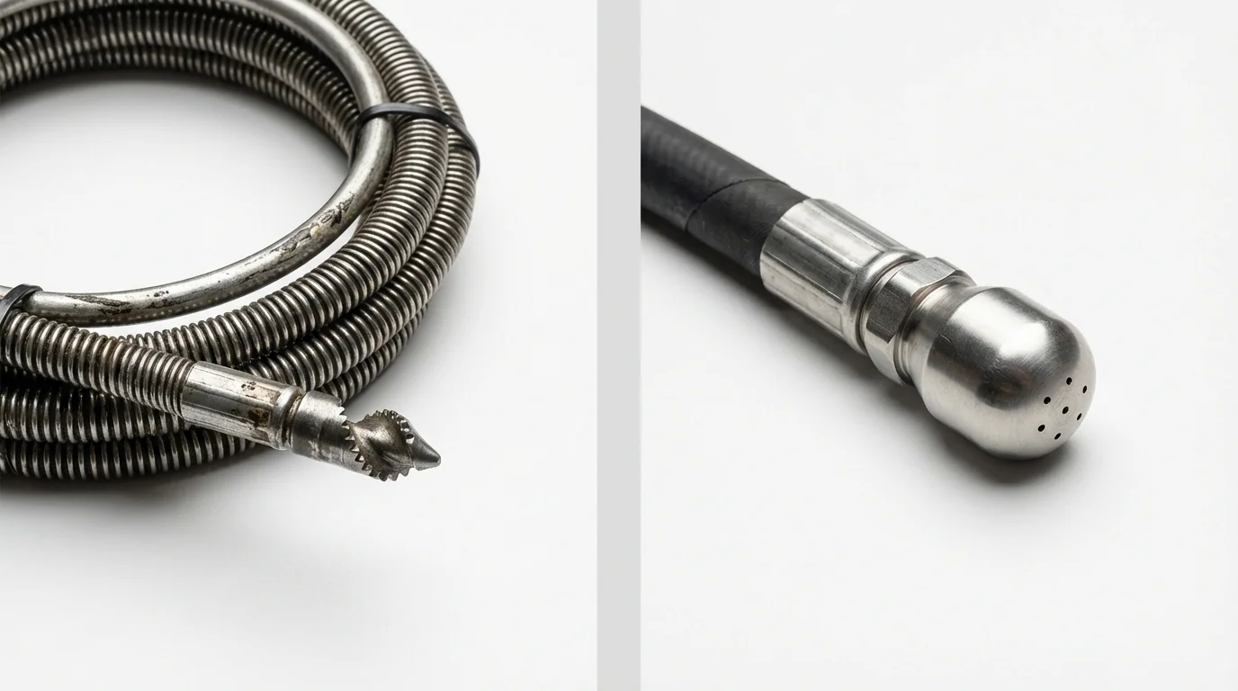 Drain snake cable and hydro jetting nozzle used for drain cleaning in East Troy, WI
