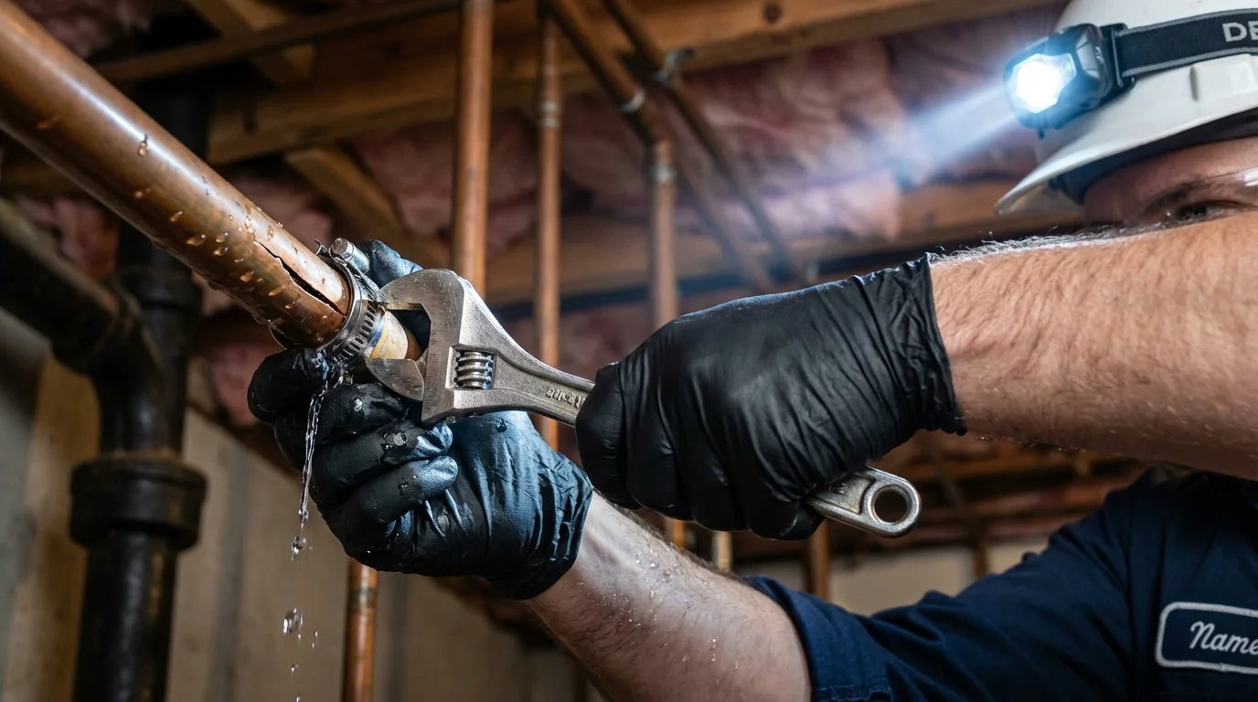 Emergency pipe clamp repair being performed by a Johns Plumbing LLC plumber in East Troy