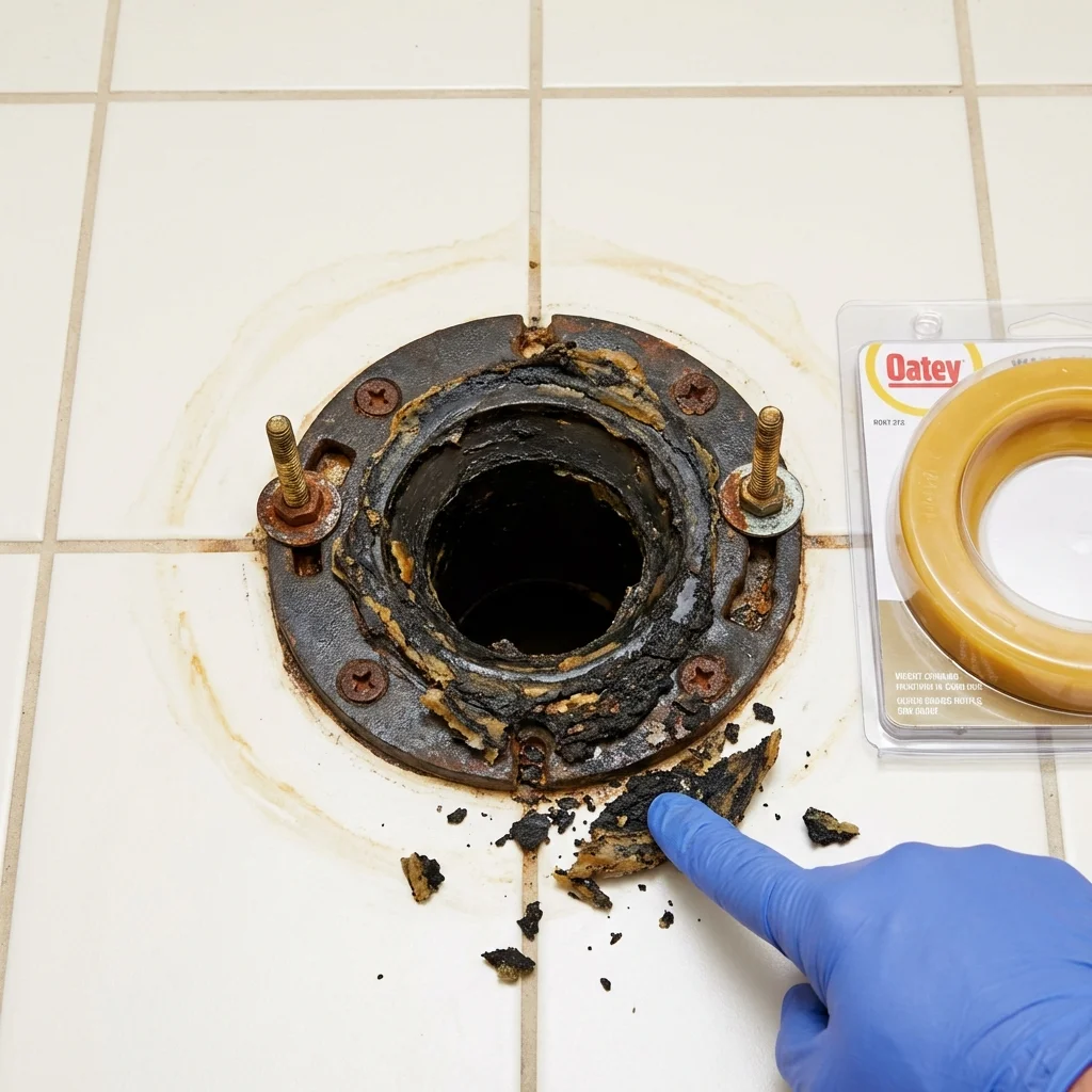 Failed wax ring showing water seepage at the base of a toilet in a East Troy, WI home