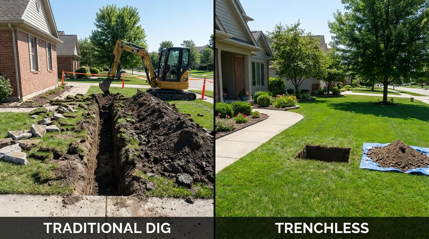 Trenchless sewer repair with minimal yard damage versus traditional excavation in East Troy, WI
