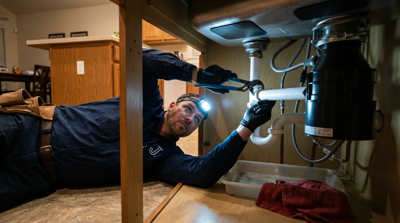 P-trap and supply line connections under a kitchen sink showing a common leak point in East Troy, WI